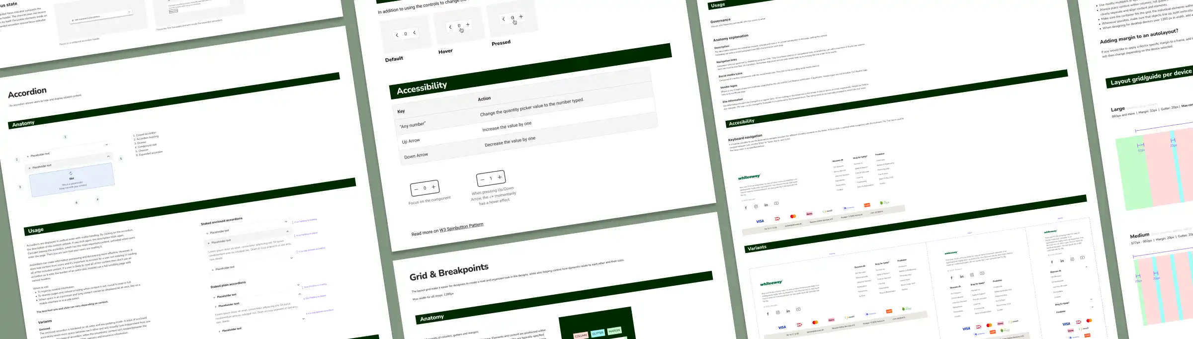 Bird view of pages for the component documentation, including accessibility in Arcade design system.